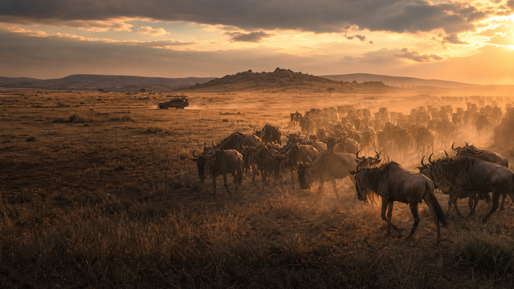 Safari travellers crossing the East African landscape at sunset